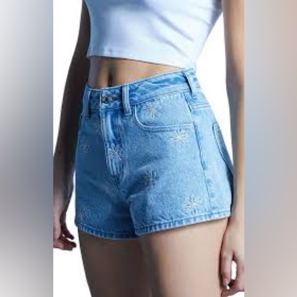 Pac Sun Daisy Print Denim High Ris Mom Shorts 27 Teens Jean Embroidered Flowers